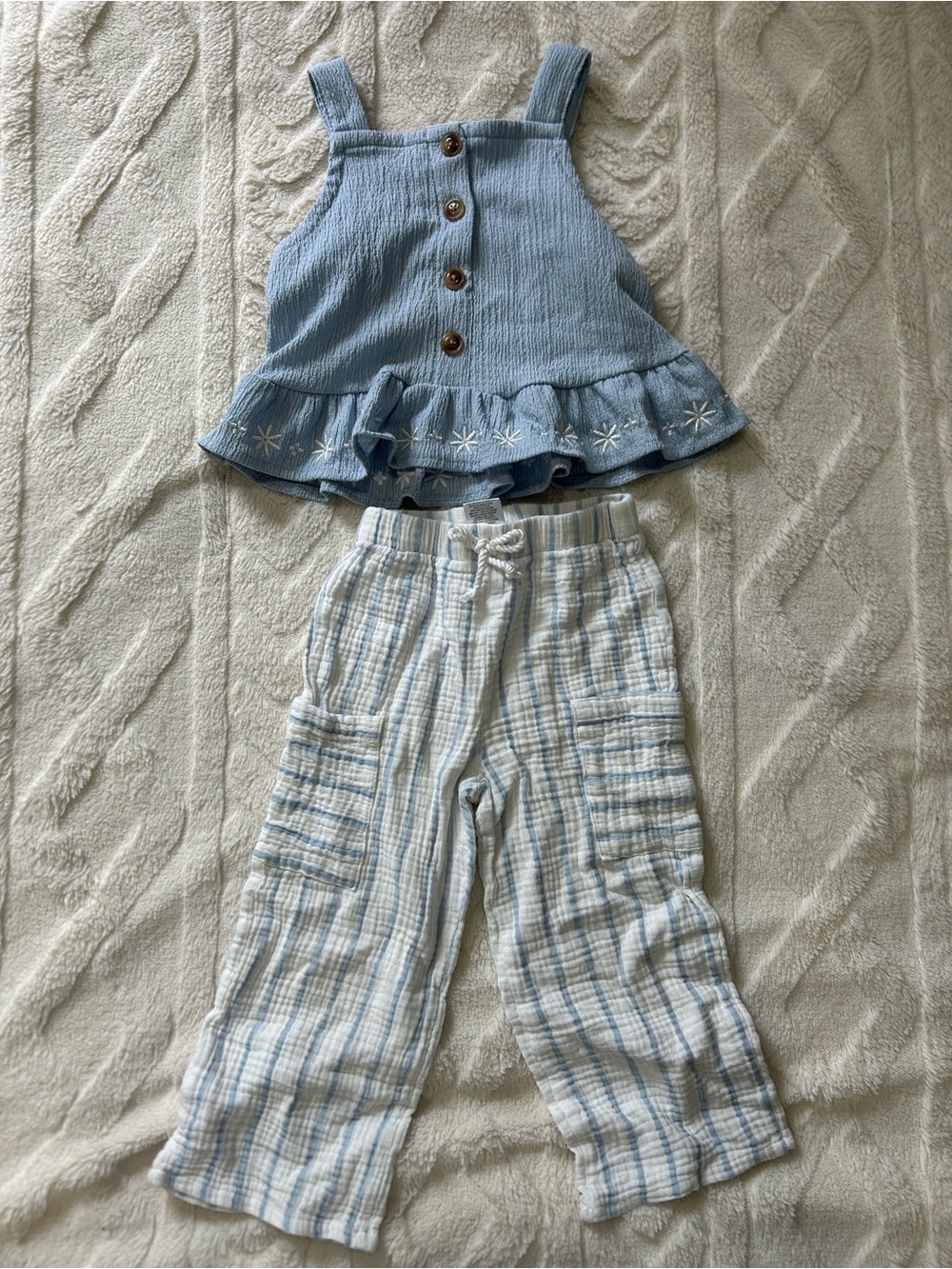 Girls Light Blue Floral-Trim Tank and Plaid Drawstring Pants Set